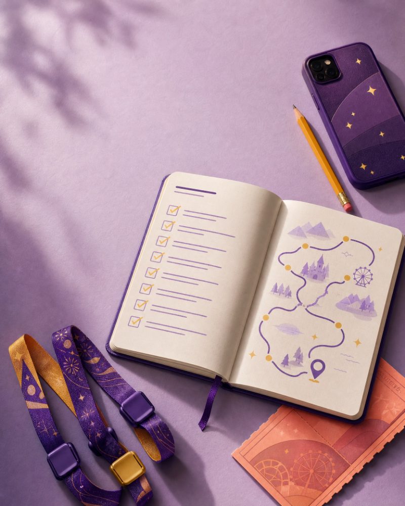 A trip checklist and a hand-drawn park route in a notebook.