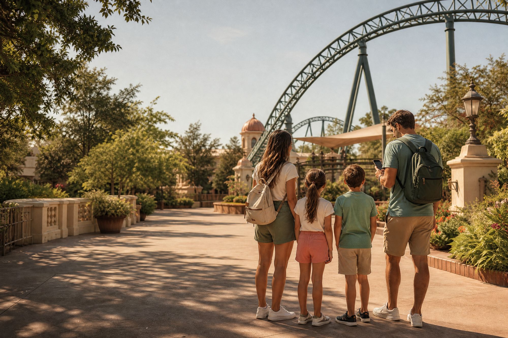 A family pausing on a park path below a coaster, checking their plan on a phone.