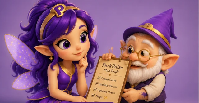 Pip the gnome holding up a plan draft while Mila the park fairy reads it